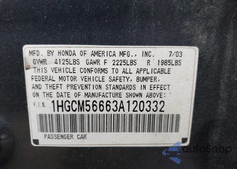 2003 Honda Accord 2.4 Ex из США, поврежденный, VIN 1HGCM56663A120332